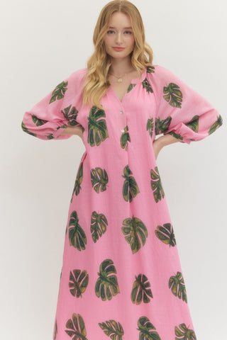 Tencel & Linen Leaf Print Maxi Dress