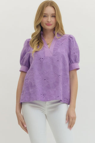 Lavender Floral Embroidered Split V-Neck Top - Lined Cotton Woven