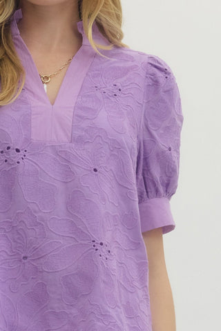 Embroidered 100% Cotton Puff Sleeve Top with Pleated Band Collar lavender top 