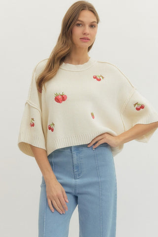 Whimsical knitwear, cottagecore style, embroidered cream top, non-sheer knit shirt, vintage-inspired embroidery.
