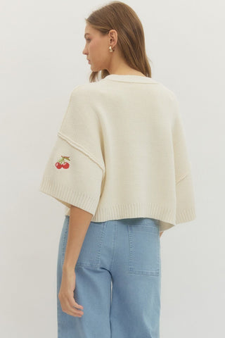 Cream Fruit Embroidery Knit Top