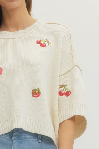 Cream Fruit Embroidery Knit Top