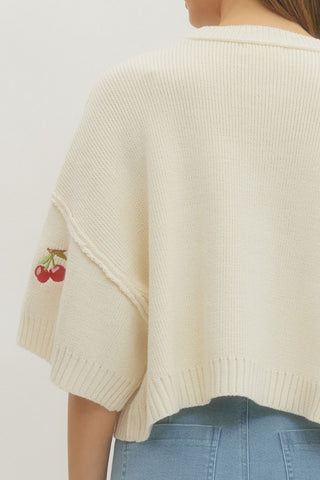Cream Fruit Embroidery Knit Top