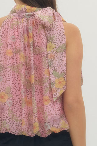 Pink Floral & Animal Mixed Print Halter Top -