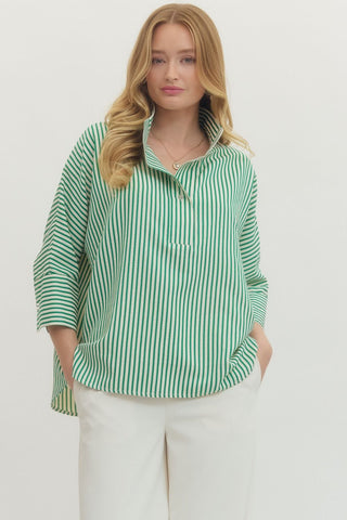 3/4 button down pinstripe, 3/4 sleeve green top
