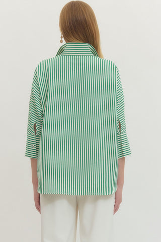 Striped 3/4 Sleeve Wide Collar Woven Top