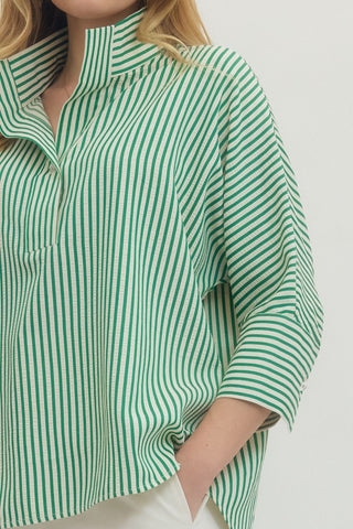 Striped 3/4 Sleeve Wide Collar Woven Top