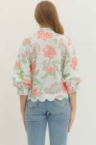 Scalloped Floral V-Neck Blouse with Band Collar