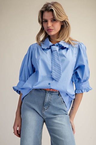 Poplin Ruffle Tie Top, cotton nlue, crisp white, preppy prep and modern charm.