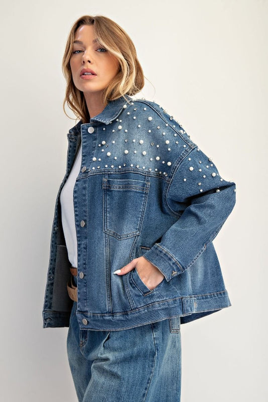 PEARL DETAILING STRETCH DENIM JACKET