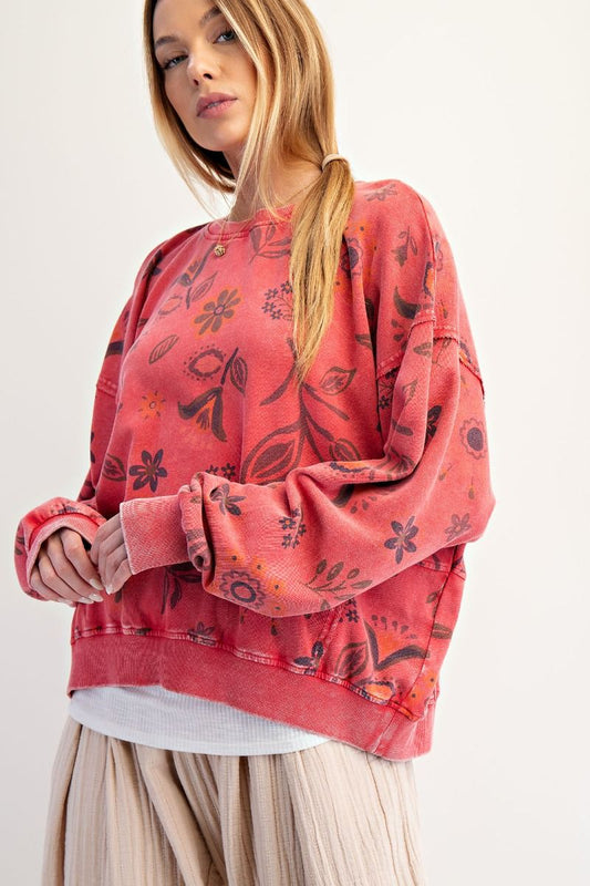 FLORAL PRINT WASHED TERRY PULLOVER