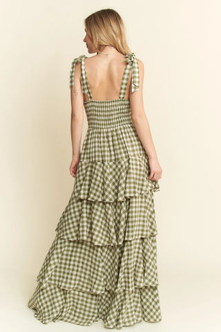Gingham Tiered Maxi Dress-olive