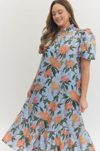 Ruffled V-Neck Floral Midi Dress - Short Puff Sleeve