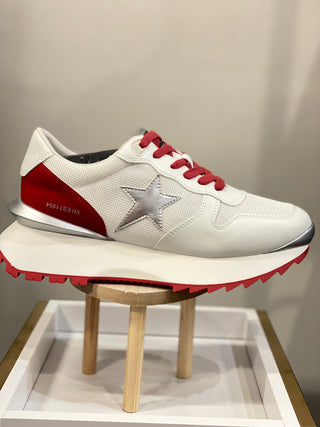 Red laced white red wedged running sneakers