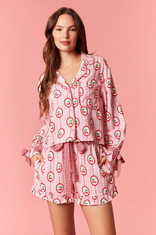 Cherry &amp; Bow Printed Pajama Set. Crafted from 100% breathable rayon red and pink cherry 