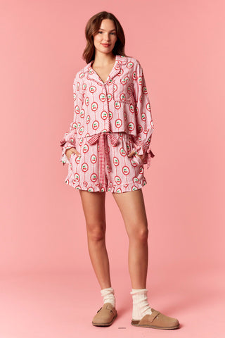 Rayon Sleeve Tie Detail Cherry with Bow Printed Pajama Set