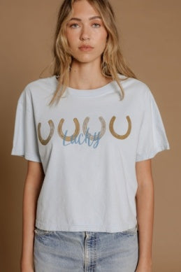 horse shoe graphic tee with the word lucky embroidered