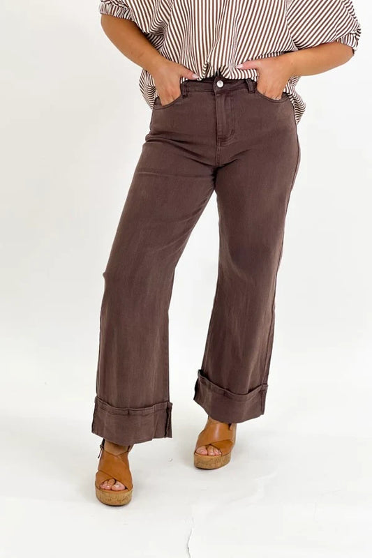 Solid Brown Mid Rise Cuffed Ankle Pants